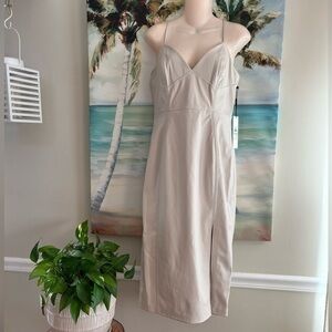NWT Calvin Klein Faux Leather Spaghetti Strap Mudi Dress Size 8 light cream